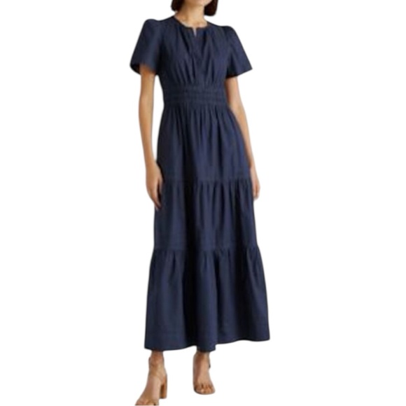 NWT Quince 100% Organic Cotton Poplin Tiered Maxi Dress Navy Blue - Picture 1 of 13